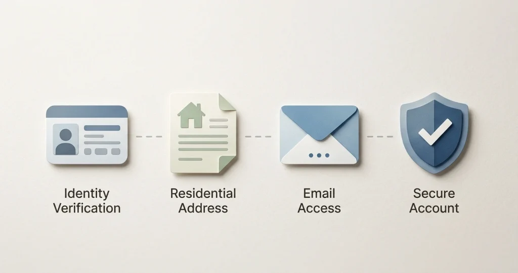 Neutral editorial illustration of an account setup checklist with identity and address verification steps