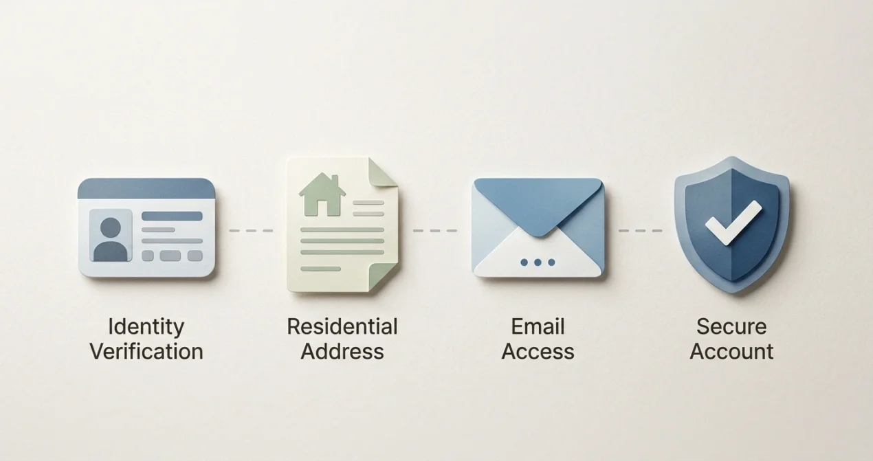 Neutral editorial illustration of an account setup checklist with identity and address verification steps