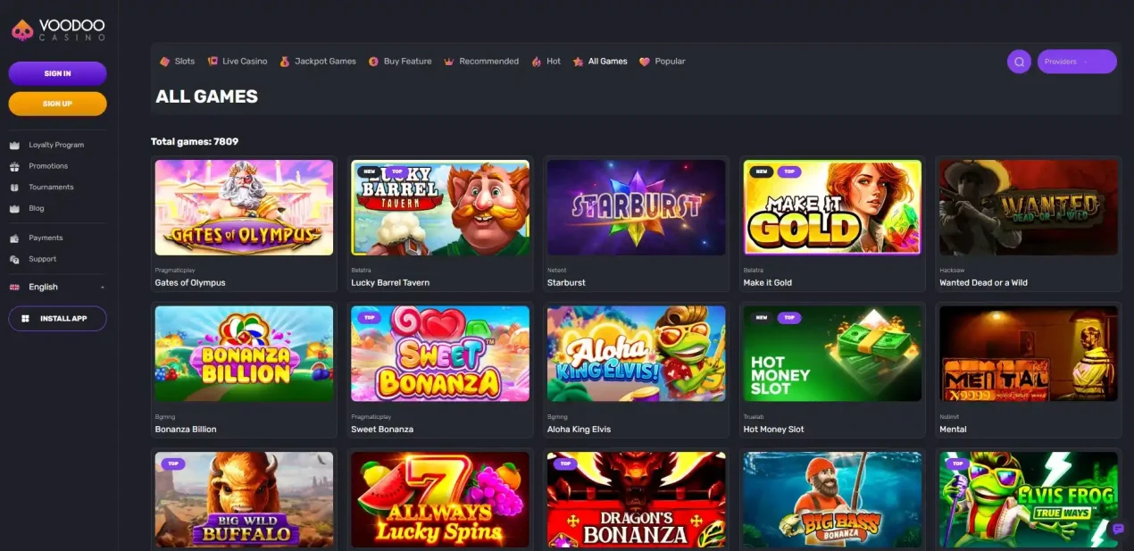 Voodoo Casino games lobby with category and provider filters