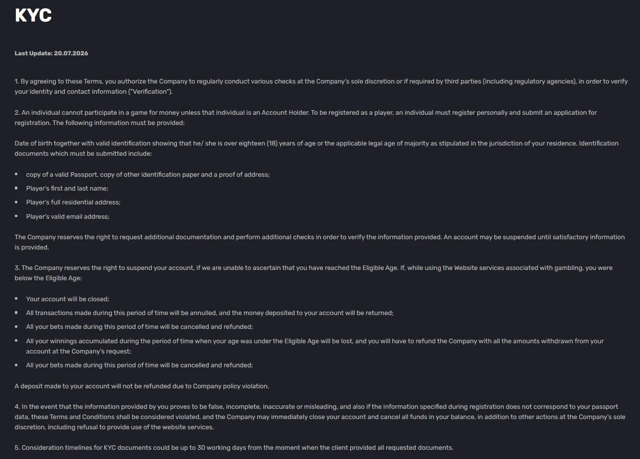 Official Voodoo Casino KYC page showing identity and proof-of-address requirements