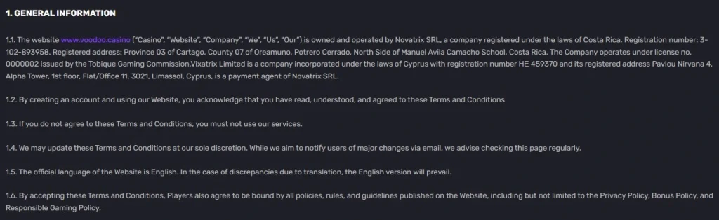 Voodoo Casino terms showing Novatrix SRL and Tobique licence number 0000002