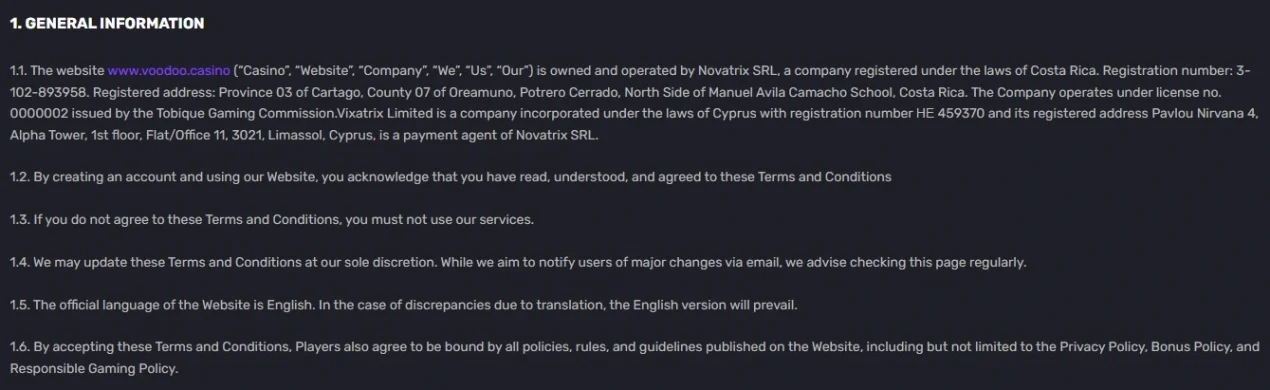 Voodoo Casino terms showing Novatrix SRL and Tobique licence number 0000002