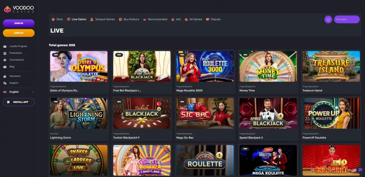 Voodoo Casino live casino lobby showing current dealer games and provider labels