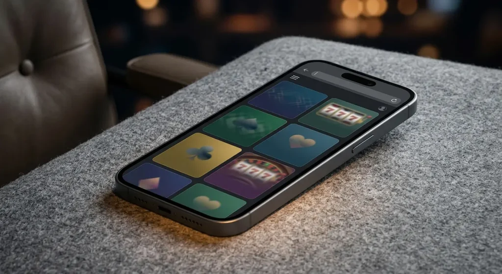 Editorial illustration of a smartphone displaying a neutral mobile casino browser interface