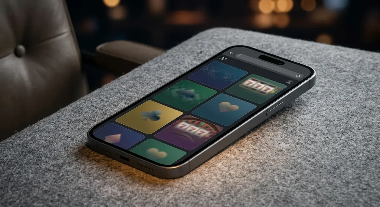 Editorial illustration of a smartphone displaying a neutral mobile casino browser interface
