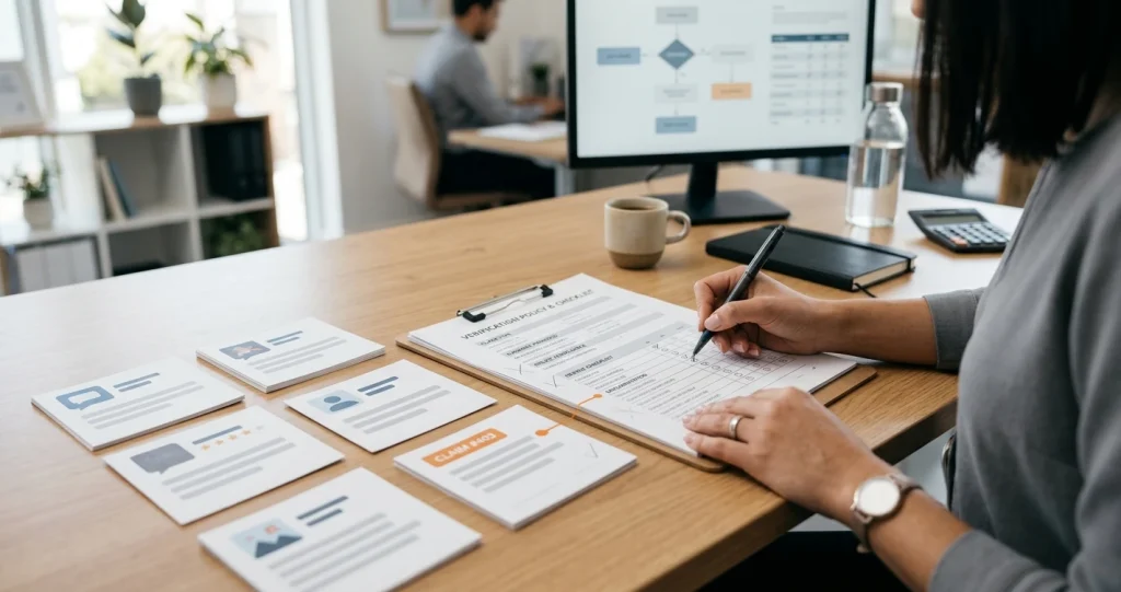 Editorial illustration of review comments being checked against a policy document