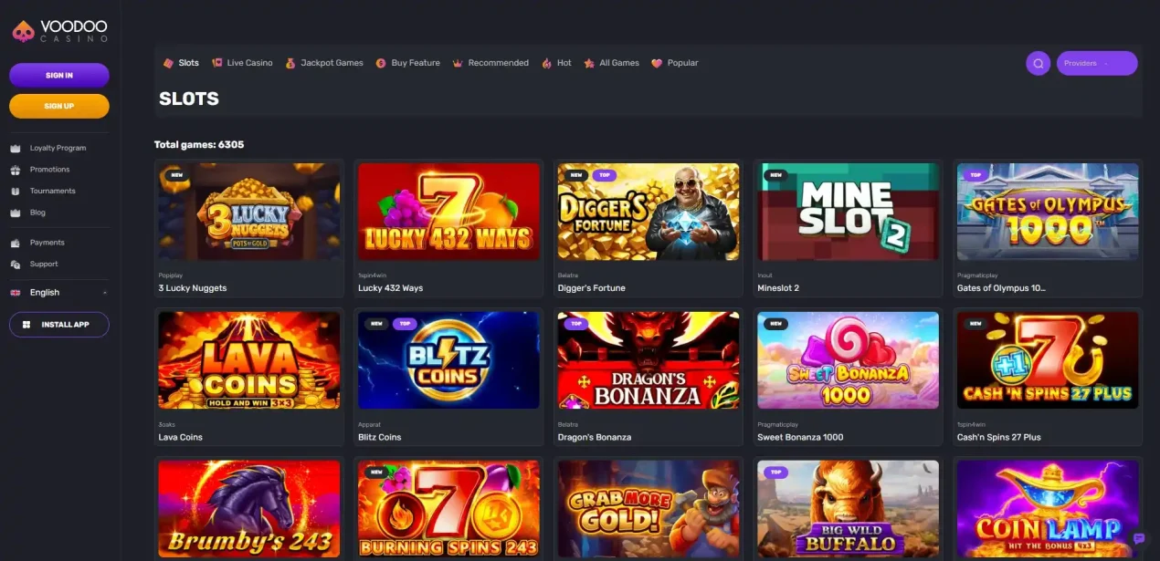 Voodoo Casino slots category with filters and provider controls