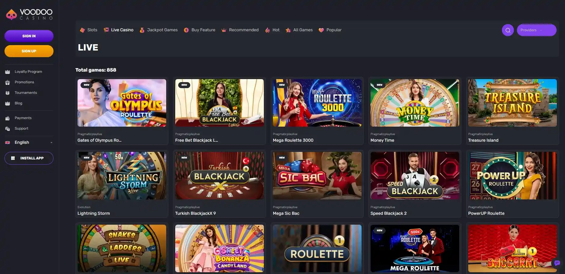Current Voodoo Casino homepage showing game categories and promotions