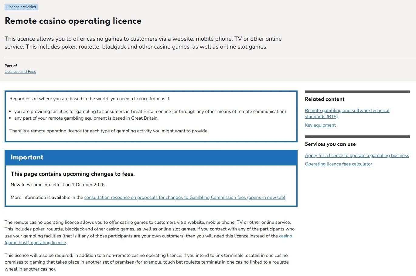UK Gambling Commission page explaining remote casino operating licence requirements